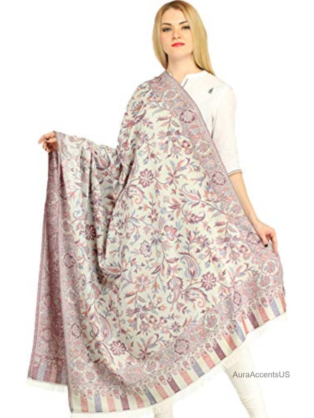 Reversible Jamawar Wool Shawl, Ethnic Floral Wrap All Occasions